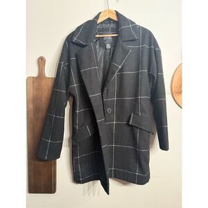 Me Jane Black Windowpane Plaid Wool Blend Single Breasted Pea Coat Small